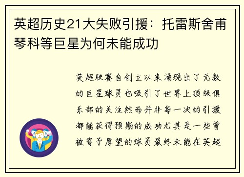 英超历史21大失败引援：托雷斯舍甫琴科等巨星为何未能成功