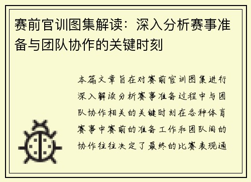 赛前官训图集解读：深入分析赛事准备与团队协作的关键时刻