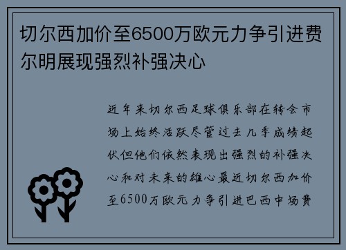 切尔西加价至6500万欧元力争引进费尔明展现强烈补强决心